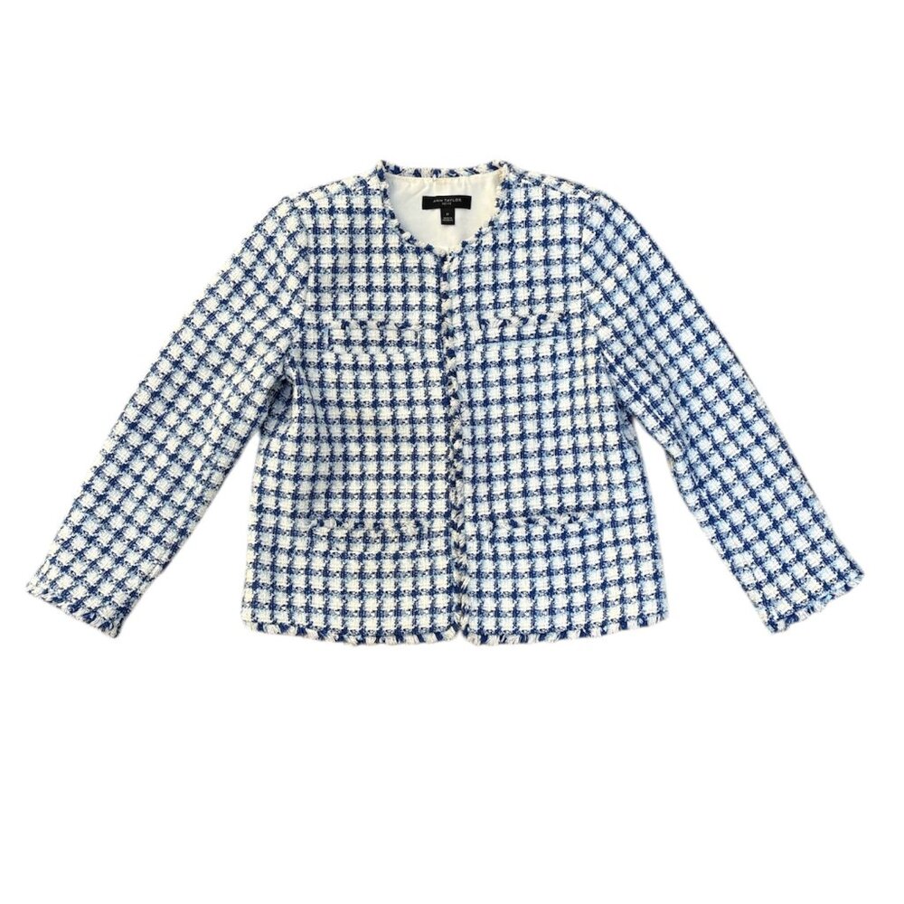 Ann Taylor Petite Tweed Jacket – Women’s Size 0P – Blue & White – Cropped